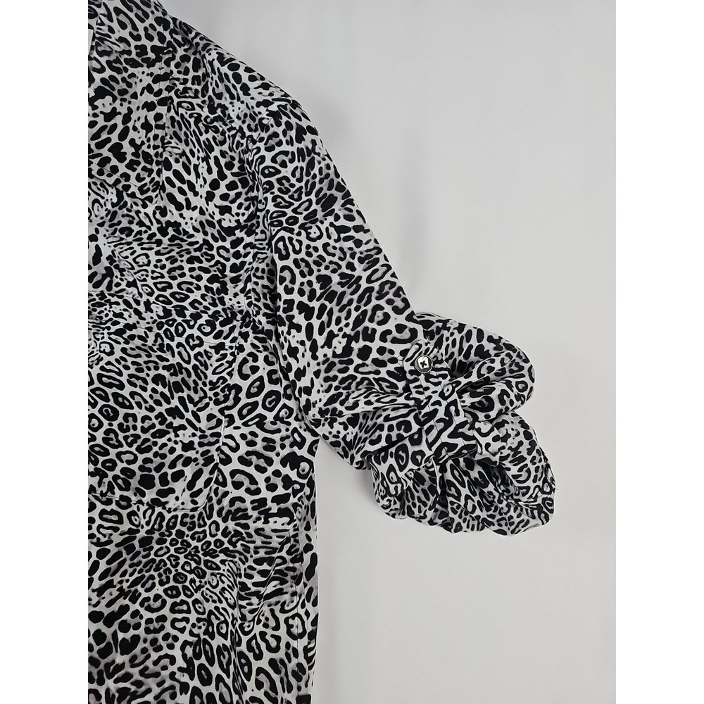 Jones New York Animal Print Shirt Silky Black White Leopard Roll Sleeve Sz M - Picture 3 of 7